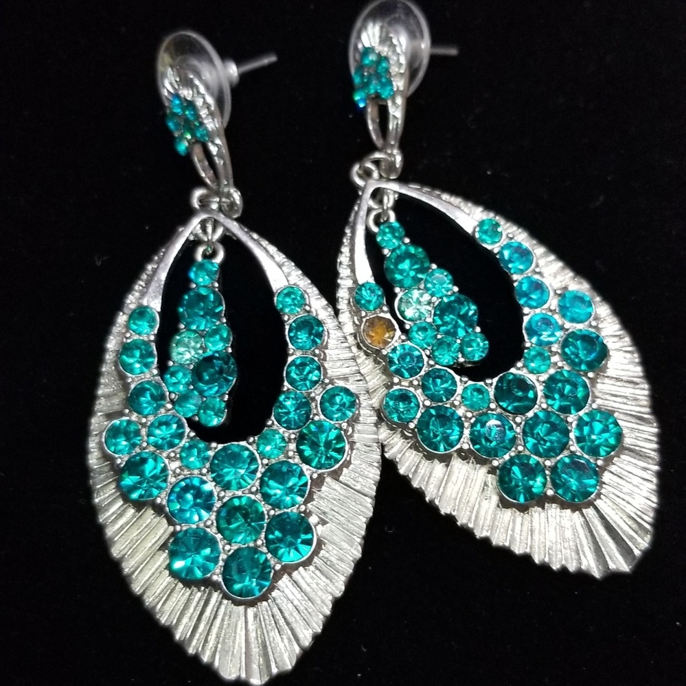 Silver Tone Turquoise Crystal Dangle Earring Studs